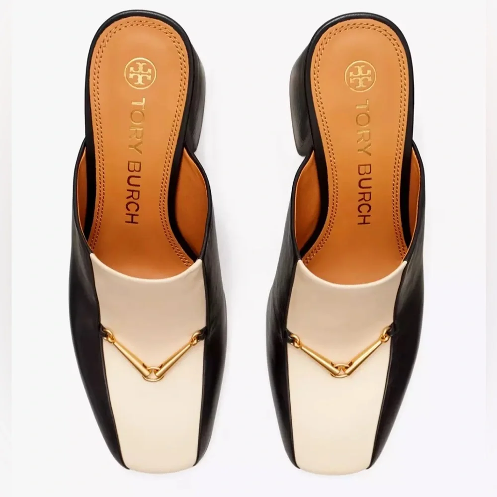 TORY BURCH EQUESTRIAN LINK MULE 80MM PUMP LEATHER BLACK/DULCE DE LECHE SZ US 8 - Picture 4 of 11
